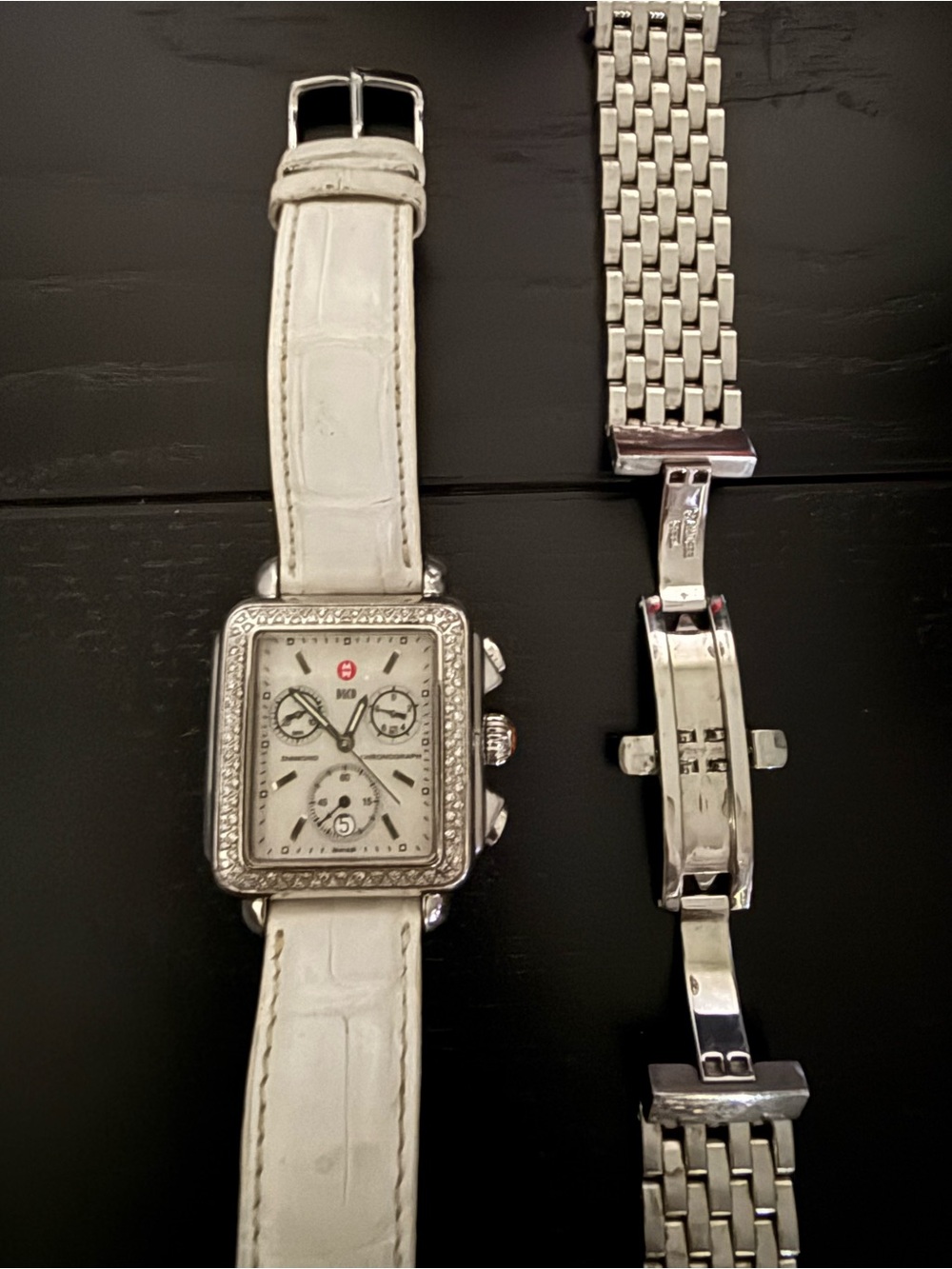 Michele White Diamond-Accented Square Chronograph Watch